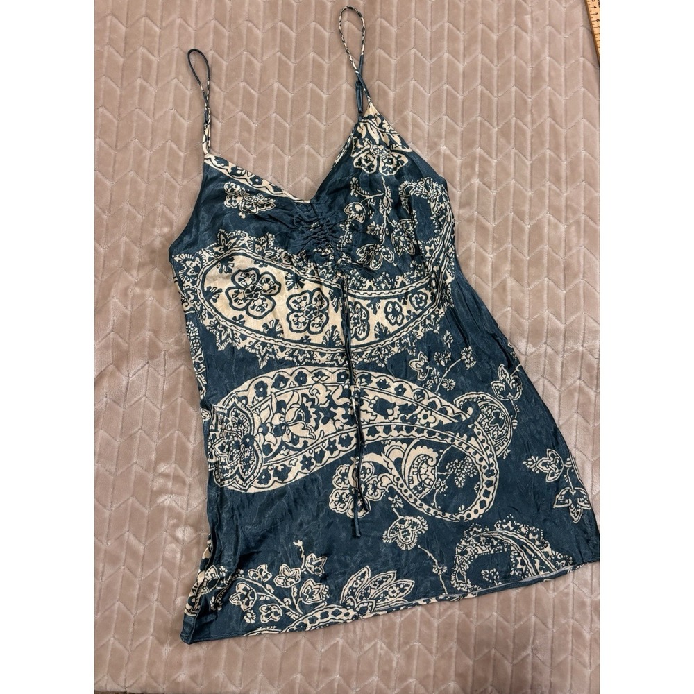 ZARA Teal & Cream Paisley Ruched Satin Mini Dress Women's M Whimsigoth Siren Y2K
